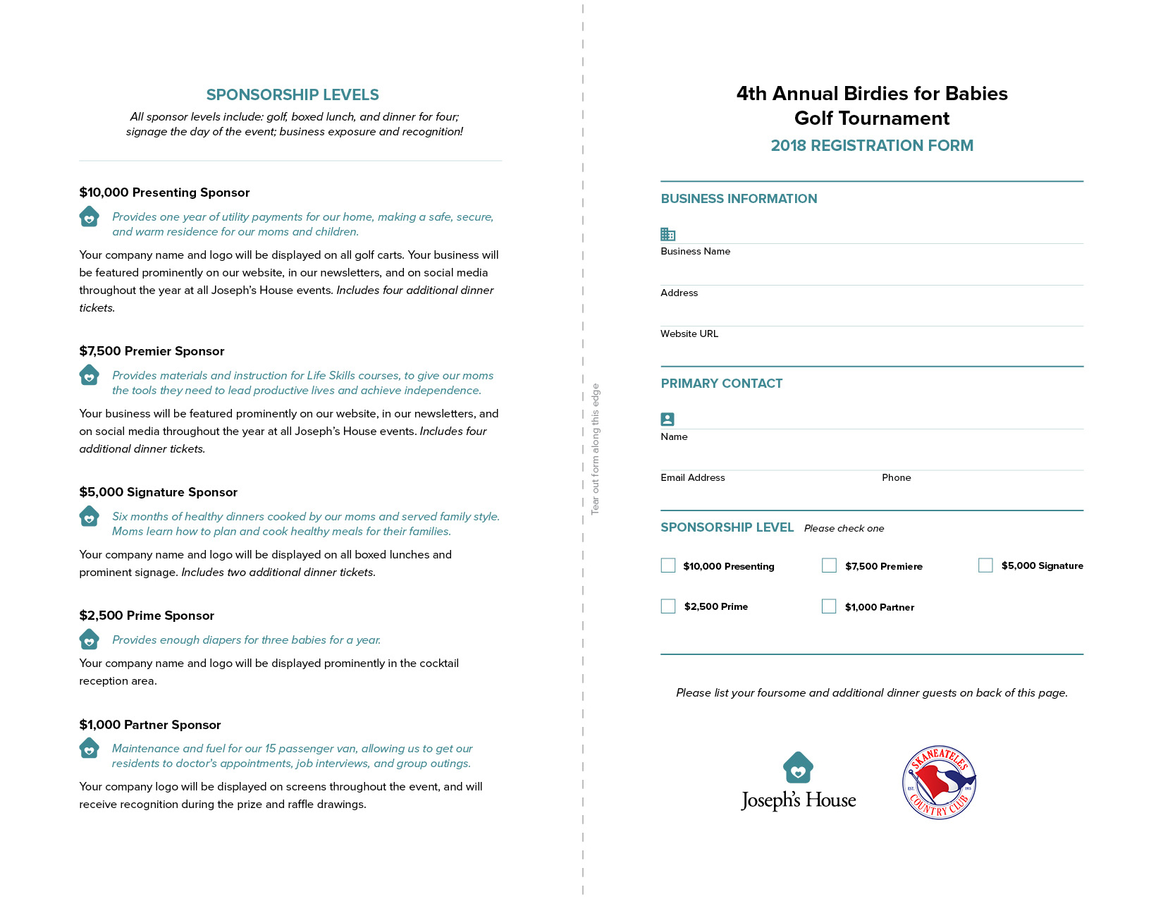 Joseph's House Sponsor Booklet — Levels & Registration