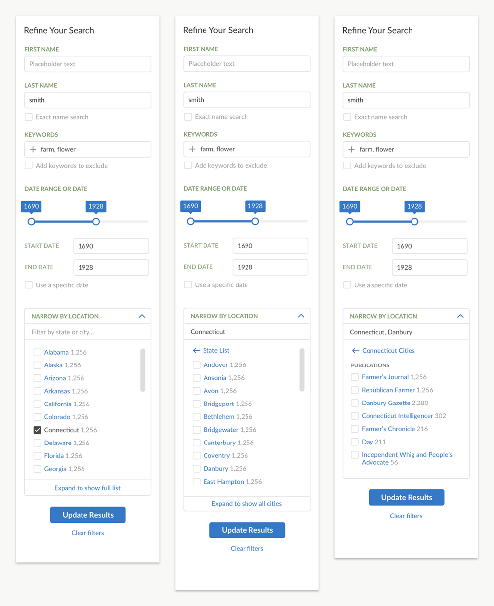 Search Results Design — Refine Your Search (Left Rail) — Narrow by Location